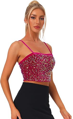 Allegra K Damen Pailletten Oberteil Ärmellos Tanktop Spaghettiträger Glitzer Cami Party Crop Top Pink L