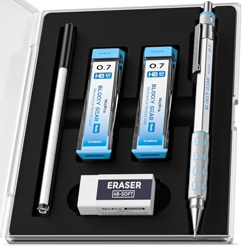 Nicpro Blocky Gear 0,7 mm coffret de porte mine mécaniques avec étui, porte-mines métallique avec mines et gomme pour l'écriture, le dessin et le dessin artistiques professionnels et adultes