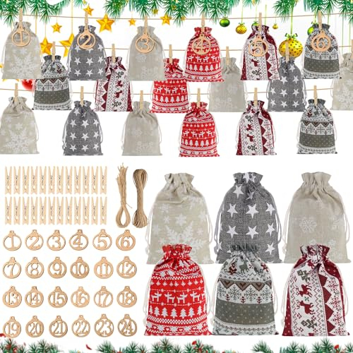2024 Adventskalender zum Befüllen Stoff, 24 Adventskalender säckchen Selber Befüllen DIY Adventskalender Tüten zum Befüllen Machen für Kinder Frauen Männer (Holz-Zahlenstil)