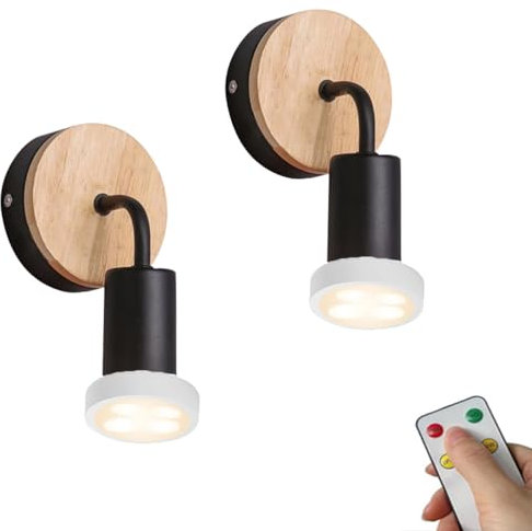 2 PCS Rechargeable USB Wall Sconce Lights Indoor Battery Operated Wall Light with Remote Control LED Bulbs Black White Rustic Wood Farmhouse Wall Mounted Lamp for Bedside Bedroom Headboard