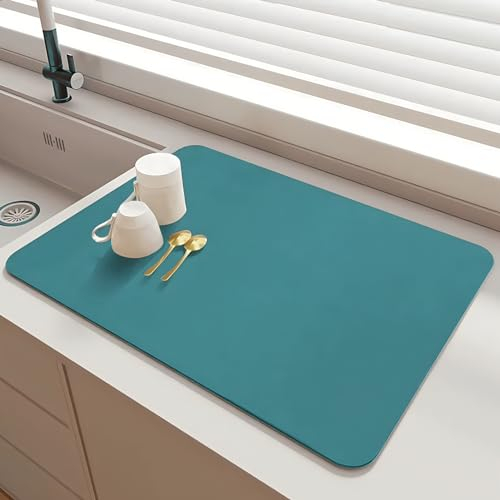 SOQKEEN Alfombrilla Escurreplatos, 50 x 40 cm Alfombrilla Fregadero Cocina Plegable, Alfombrilla Cafetera, Alfombra Escurreplatos Antideslizante para Mostrador de Encimera Cocina, Cafetera, Azul