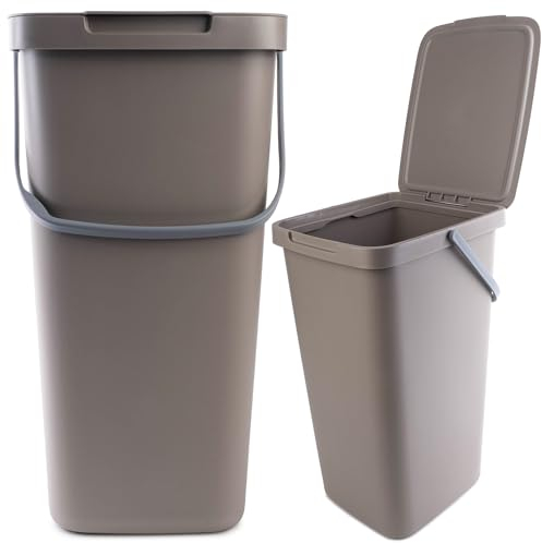 KADAX Cubo de basura con tapa y asa, cubo de basura de plástico, cubo de basura de separación rectangular con tapa abatible (marrón, 25 L)