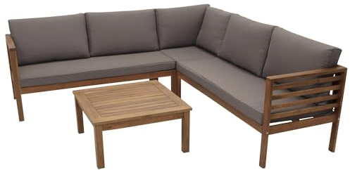 DEGAMO Eck Loungeset Manaus, Akazie braun geölt, mit Polstern grau, witterungsbeständig, Indoor und Outdoor