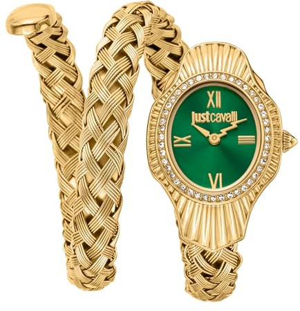 Just Cavalli Damenuhr, goldfarbenes Gehäuse, dunkelgrünes Zifferblatt, goldfarbenes Metallarmband, 2 Zeiger, 3 ATM, Goldfarben, Modern