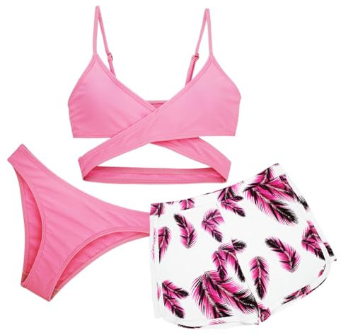 Bambini Ragazze Bikini Tankini Set 3 Pezzi Costume da Bagno Crop Top con Pantaloncini Piscina Quick Dry Costume da Bagno Costume da Spiaggia Estiva Rosa 10-11 Anni