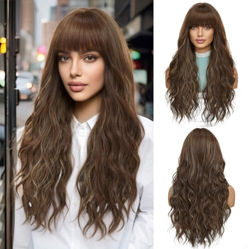 OUFEI Lange Braune Strähnchen Perücke mit Pony Natürliche gewellte Perücken für Frauen Natürliche Synthetische Haare Hitzebeständige Perücken für Tägliche Party Cosplay Tragen