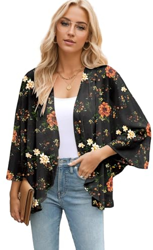 Famulily Kimono Cardigans for Women Summer Printed Cardigans Shawl Loose Casual Blouse (XXL,Black-Orange)