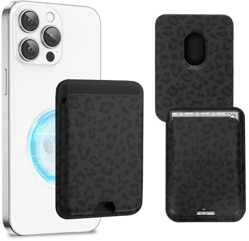 Obbii for MagSafe Card Wallet,Slim Leather Magnetic Phone Wallet Black Leopard Design Stick on Credit Card Holder for iPhone 15/14/13/12 Pro/Max/Plus/Mini