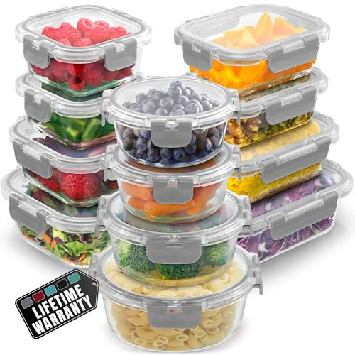 Zulay Lot de 12 boîtes de conservation alimentaire en verre avec couvercles – Verre borosilicate durable, hermétique, sans BPA, empilables, passent au micro-ondes, gris clair