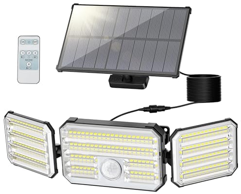 Luz Solar Exterior con Sensor de Movimiento, Focos LED Exterior Solares con Función de Alarma, 4 Modos IP67 Impermeable Foco Solar Exterior con Control Remoto, Lampara Solar Exterior para Jardín