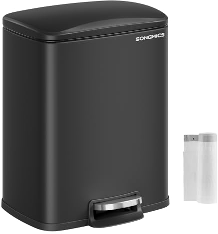 SONGMICS Papelera de Cocina, Pedal de 20 L, Tapa de Cierre Suave, Permanece Abierta, Cubo Interior, Incluye 15 Bolsas de Basura, Negro Tinta LTB543B01, Aleación de Acero
