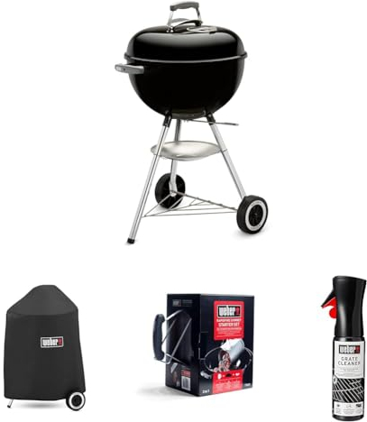 Weber Original Kettle Barbacoa de Carbón, Ø 47cm, Negro, 1241304 + Funda Vinilo De Luxe Para Bbq Weber, 7141 + Set Chimenea con Briquetas Encendido Blancas + Producto de Limpieza para Parrilla y Horno