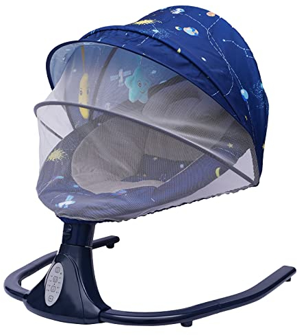 Elektrische Babywippe, Baby Bouncer, Schaukelwippe, Babyschaukel- Schaukel Baby Indoor,Timing-Funktion, Musikwiedergabe mit Moskitonetz für Babywiege und Babyhängematte Stabil und geräuschlos (Blau)