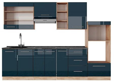Vicco Küchenzeile Fame-Line, Dunkelblau Hochglanz/Goldkraft Eiche, 280 cm, AP Anthrazit