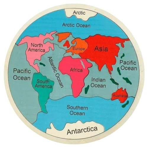 12 Inch Round Wooden World Map Puzzle With Continents & Oceans - Interactive Learning Jigsaw for Kids - Educational Toy Gift for Boys & Girls