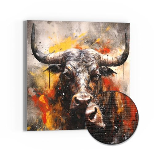DEQORI Leinwandbild Hybrid | Motiv Stier im Farbensturm | Design Canvas 50x50 cm | Leinwand Bild flach & modern mit Glas | Wandbild für Wohnzimmer, Schlafzimmer, Flur & Küche