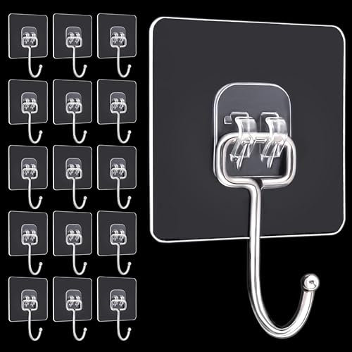 MUETKNYE Large Adhesive Hooks, 16-Pack Hold 44lb(Max) Heavy Duty Sticky Hook, Waterproof Transparent Hooks for Hanging, Self-Adhesive Traceless Clear Wall Hook to Use for Keys Robe & Towel