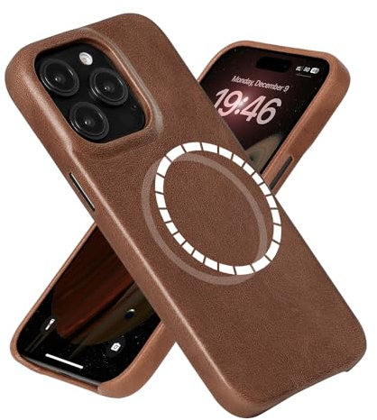 LUCKYCOIN Magnetic Phone Case for iPhone 15 Pro 6.1 in,Compatible with MagSafe Wireless Charging,Genuine Leather Case with Metal Buttons,Shockproof Screen Protector Phone Bumper Cover-Dark Brown