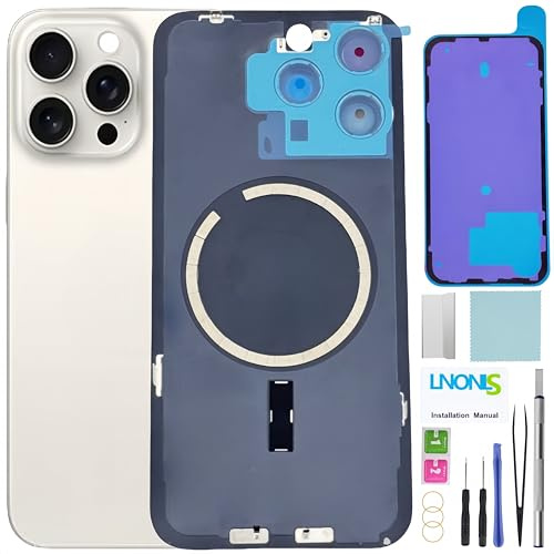 LNONLS 15 Pro Max Rückglas-Ersatz für iPhone 15 Pro Max, Rückabdeckung, Glas, wasserdicht und Kameraobjektiv, professionelles Reparaturwerkzeug-Set (weißes Titan)