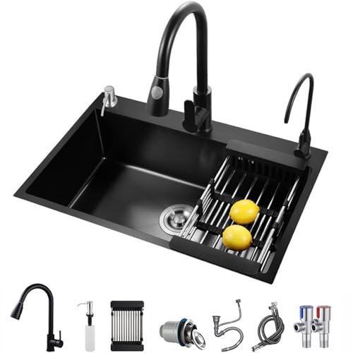 Brigtviee Fregadero Cocina Negro, Fregadero Cocina 1 Seno, Fregadero Cocina en Acero Inoxidable, Fregaderos de Cocina, Fregadero Multifuncional con Grifo Extraíble,55x40cm
