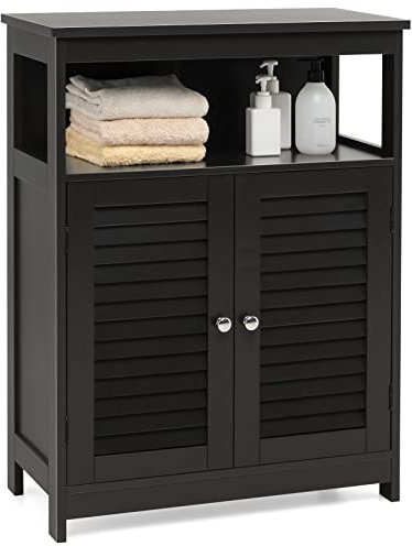 GOPLUS Meuble de Salle de Bain avec 2 Portes à Persienne, Armoire pour Salle de Bain, Placard de Rangement Étagère Réglable, pour Salle de Bain, 60 x 30 x 80cm (60x30x80cm,Noir)