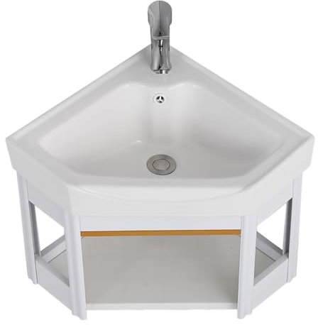 HOLGVE Lavabo d'angle, Lavabo de Salle de Bain Mural En Céramique, Lavabo de Salle de Bain À Monter, Meuble-lavabo de Salle de Bain D'angle, Lavabo de Salle de Bain Avec Récipient De Rangement(15inchx