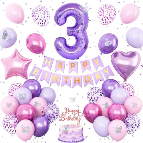 3rd Birthday Decoration,Pink Purple 3rd Birthday Balloon Number 3 with Butterfly Stickers Star Heart Foil Balloon Banner Princess Party Decoration for 3 Year Old Party