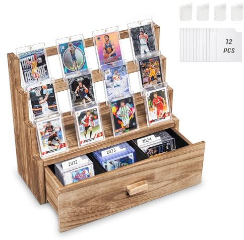 Emfogoo Trading Card Display, 3-Tier Wooden Trading Card Storage with Custom Drawer, Graded Card Storage with Card Supporters and Dividers, Sports Card Display Case for Card Game Collection (Rustic)