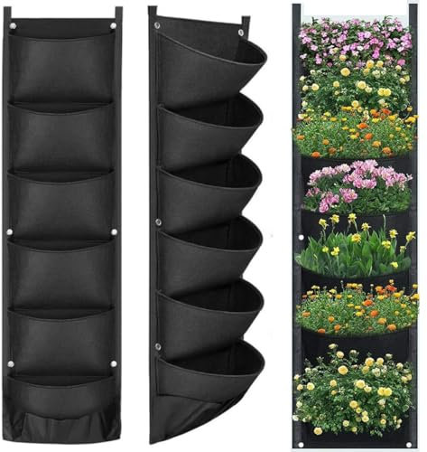 Hanging Plant Grow Bags,7 Pocket Wall Planter, 2Pcs Wall Mounted Grow Bag,Outdoor Indoor Gardening Vertical Greening Flower Container for Garden (Black)