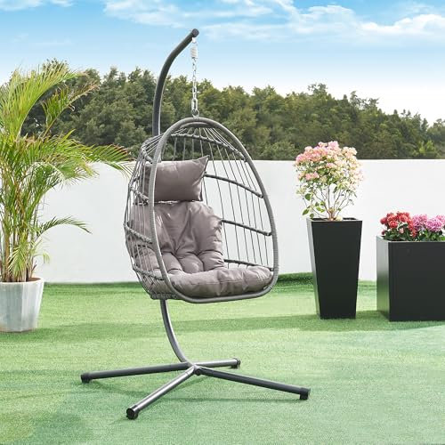 [en.casa] Hängesessel mit Gestell Edeng Outdoor Schaukelsessel mit Kissen Balkon Indoor für 1 Person Hängeschaukel max. 100 kg Polyrattan Hängestuhl Grau