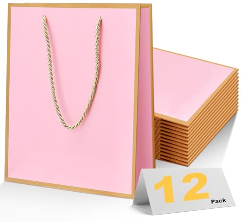 Keukenket 12 mittelgroße Geschenktüten mit Griffen,18 x 8 x 23 cm Rosa Geburtstagsgeschenktüte für Geburtstage, Rückgabegeschenke mit goldenem Rand für Weihnachten, Urlaub, Hochzeit, Brautjungfer