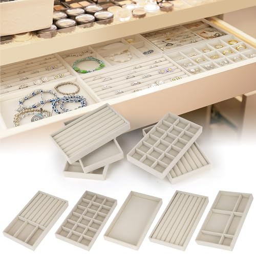 WENLISELL 10 Pack Beige Jewelry Organizer Trays, Velvet Jewellery Trays for Drawers, Stack Jewellery Drawer Organiser Insert for Ring, Earring, Ring, Bracelet, Necklace