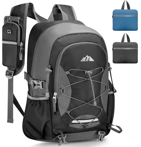 BOLONI 36L Ultraleicht Faltbarer Rucksack: Damen & Herren Leichter Wanderrucksack, Klein Verstaubarer & Wasserdichter Reiserucksack mit Nassfach für Wandern, Sport, Outdoor & Travel Grau
