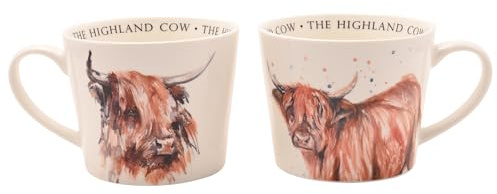 Meg Hawkins Lot de 2 tasses en céramique – Motifs vaches des Highlands – Illustration aquarelle de la faune sauvage – Parfait pour les amateurs de rustiques et les amateurs de campagne – 390 ml
