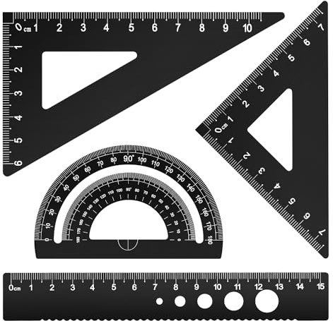 MSDADA 4 Stück Metall Lineal Set 15cm Kleines Lineal Winkelmesser Dreieck Mathematik Geometrie Set Skala Lineal Set für Schüler Lehrer Ingenieure und Zeichner(Schwarz)