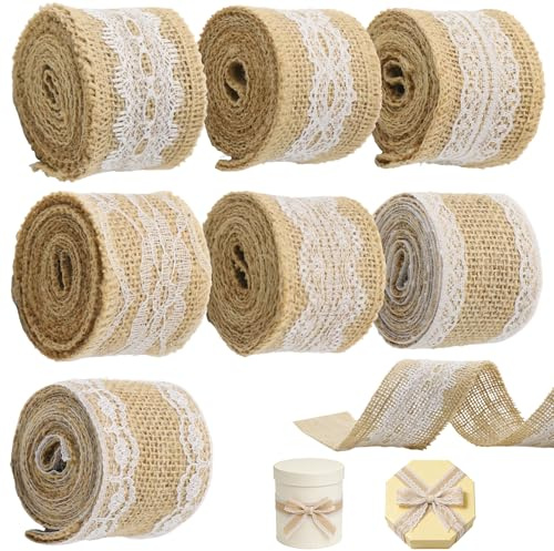 Forbabe 7 Rolle 2M Juteband mit Spitze, Vintage Bastelband Geschenkband | Natur Stoffband, Jute Rolle Boho Geschenkbänder Spitzenband für Hochzeit Tischdeko Weihnachten Geschenkverpackung DIY Basteln