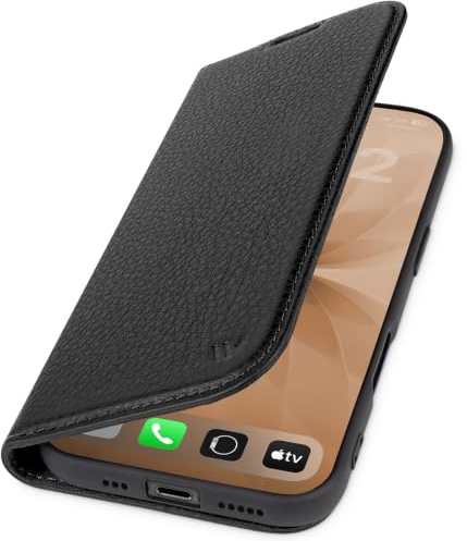 WIIUKA Hülle für iPhone 17 Pro Max, Leder aus Deutschland, mit Kartenfach, extra Dünn, Handyhülle mit Standfunktion, Tasche, Klapphülle, suiit, Teil, Schwarz