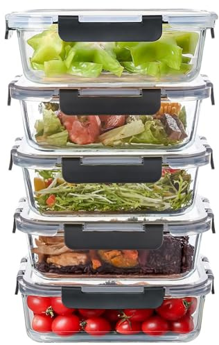 HZXYchen 5-Pack 36OZ Glass Food Storage Containers with Lids, Airtight Leakproof Meal Prep & Lunch Boxes, Freezer & Oven Safe (to 400°C), Snap Lock for Pantry Organization, Dishwasher Friendly(Black)