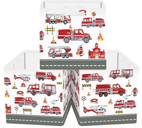 HUUMONSS 30cm Aufbewahrungsbox 3 Stück Baufahrzeuge Aufbewahrungskorb Kinder Auto Aufbewahrungswürfel Organizer für Spielzeug Bücher Kleidung, Feuerwehrwagen