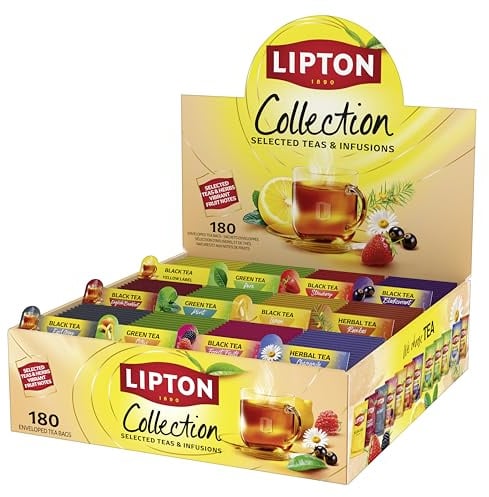 Lipton Sélection Détente Coffret Thés & Infusions Assortiment 180 Sachets | Assortiment thé vert, thé noir et infusions, 12 saveurs variées, chaud ou froid, idéal bureaux, hotels et restaurants