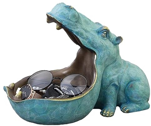 Suxdlan Big Mouth Hippo Key Bowl Resin Hippopotamus Ornament Key Holder Dish Organizer Home Decor for Coin Jewelry Desktop Storage Blue