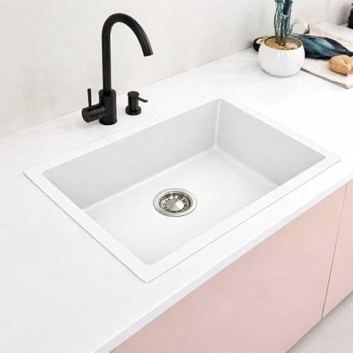 Gresinex - Fregadero De Granito 1 Seno VENUS - Cuarzo y Resina - Bajo/Sobre Encimera - Resistente a Rayas y Golpes – Color Blanco o Negro (Blanco, 55x45x21)
