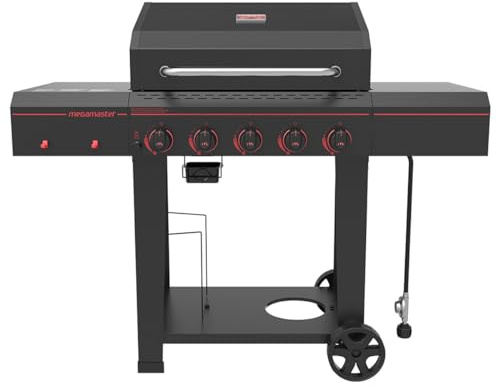 Megamaster 5-Burner Propane Gas Grill with Side Tables, Accessory Hooks, 50,000 BTUs, 656 SQ. In. Cooking Space, 2 Wheel Transport, Outdoor Kitchen Grill for BBQs, Backyards, and More - 720-0982