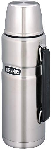 Thermos RaMokey Trinkflasche, 1.2 Milliliter, Edelstahl, 24 Stunden Heiß, 24 Stunden Kalt, Sport, Grau mit Blauer Kappe