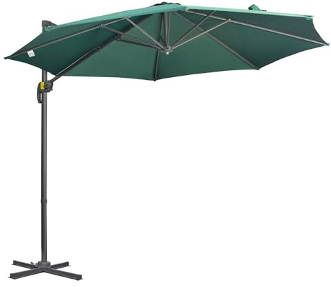 Outsunny 3 x 3(m) Cantilever Parasol with Cross Base, Garden Umbrella with 360° Rotation, Crank Handle and Tilt for Outdoor, Patio, Green
