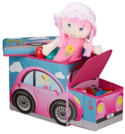 Relaxdays Sitzbox Kinder, Staubox mit Deckel, Spielzeug, faltbar, Motiv Auto, Stauraum, Jungen & Mädchen, 50 Liter, pink, H x B x T: ca. 33 x 27 x 56 cm