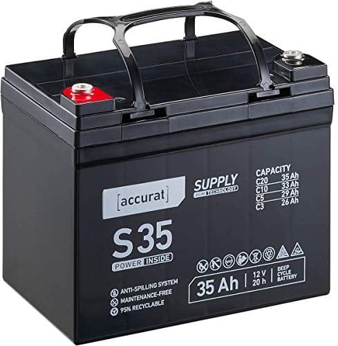 Accurat AGM Batterie S35-12V, 35Ah, zyklenfest, wartungsfrei - VRLA Versorgungsbatterie, Blei Akku, Solarbatterie, Bootsbatterie für Wohnmobil, Wohnwagen, Camper, Bootsbatterie