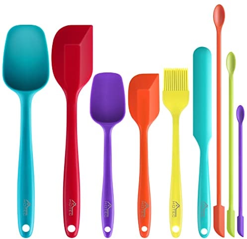 Hotec 9 Pieces Silicone Spatulas Kitchen Utensils for Baking Cooking Mixing Heat Resistant Non Stick Cookware Strong Stainless Steel Core Inside with Food Grade Silicone Dishwasher Safe (Multi-Color)