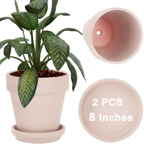 vensovo 20CM Pink Clay Pot for with Saucer - 2 Pack Large Terra Cotta Plant Pot with Drainage Hole, Flower Pot with Tray, Terracotta Pot for Indoor Outdoor