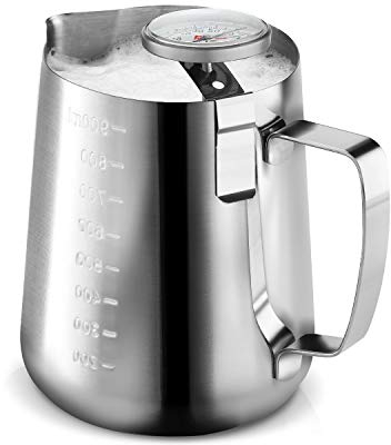 CouHaP Stainless Steel 32 Ounce (900 ml) Milk Frothing Pitcher with Milk Thermometer for Coffee, Cappuccino, Latte Art Barista Steam Pitcher Jug Cup - Silver